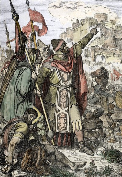 Invaze barbarů: „“ Král hunů Attila (406–453) zadržený, aby obléhal město Aquilee v Itálii, sleduje se svými vojáky od Peter Johann Nepomuck Geiger