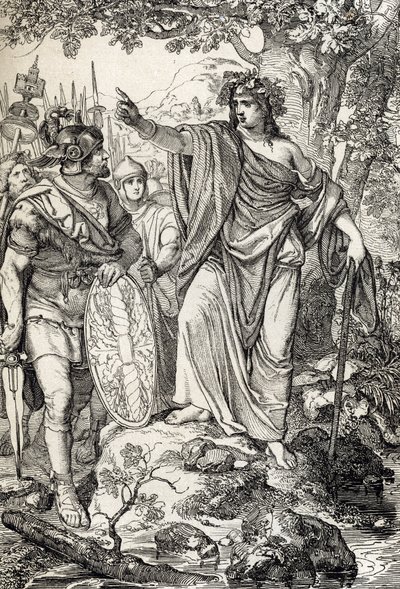 Germánská tažení: „“ Nero Claudius Drusus Germanicus (38–9 př. n. l.) a jeho armáda se kolem roku 12 př. n. l. setká s mladou ženou v oblastech mezi řekami Weser a Labe“ (Dobytí Germánie: generál Nero Claudius Drusus Germanicus a jeho armády dosáhnout t od Peter Johann Nepomuck Geiger