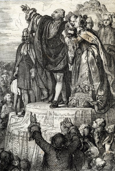 Oslava První národní federace dne 14. července 1790 na Oltáři vlasti v Champs-de-Mars, u příležitosti prvního výročí dobytí Bastily: Král Ludvík XVI., obklopený svou rodinou, složil přísahu na konstituovat od Peter Johann Nepomuck Geiger