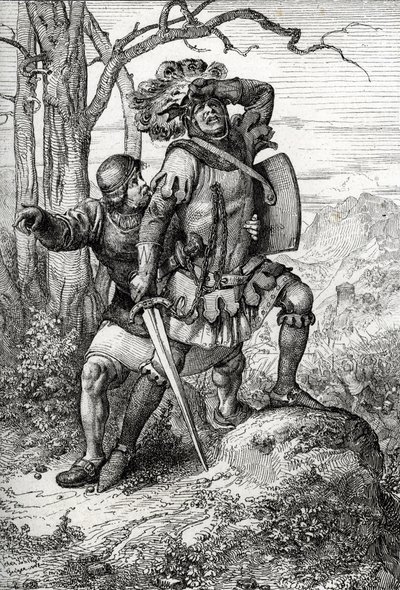 Vévoda Leopold I. Rakouský, lord Habsburský zachraňuje jedním ze svých společníků v bitvě u Morgartenu dne 15. listopadu 1315 proti švýcarským konfederacím ve Švýcarsku (bitva u Morgartenu dne 15. listopadu 1315, Leopold I., vévoda rakouský zachráněn voják od Peter Johann Nepomuck Geiger