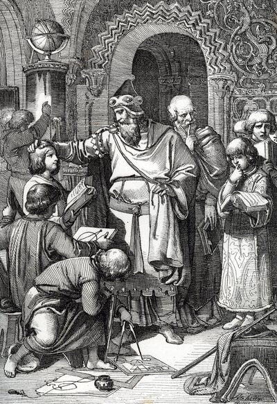 Císař Karel Veliký (742-814) zakladatel školního setkávání dětí“ (Císař Karel Veliký se setkává s dětmi, jeho zájem o vzdělání a učení a mecenášství učenců způsobily, že je považován za patrona škol) Kresba a la pero pneumatiky o od Peter Johann Nepomuck Geiger