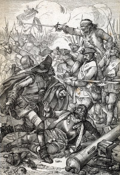 Velká severní válka: „“ Bitva o Poltavu (nebo Pultawu) mezi Armee Petra I. Ruského a vojsky Karla XII. Švédska, 8/07/1709““ (Velká severní válka: Bitva u Poltavy, 8. července 1709 ) Kresba peří z „“ Historische Memorabilian des od Peter Johann Nepomuck Geiger