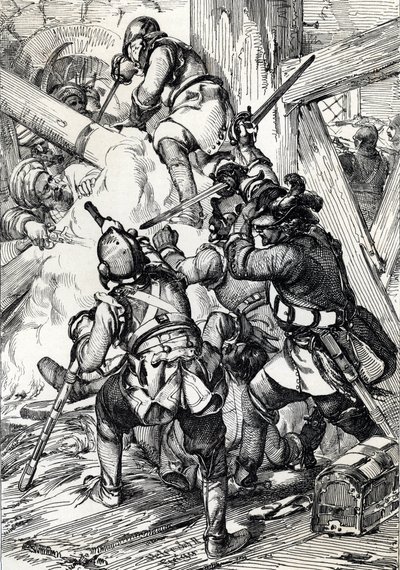 Švédský král Karel (nebo Carl) XII. (1682-1718) bránící se proti Turkům v Benderu (Bendery) únor 1713, Moldaie (vyhnaný švédský král Karel (Carl) XII. bránící se proti davům a osmanským janičářům, Bender, únor 1713 ) Kreslení perem f od Peter Johann Nepomuck Geiger