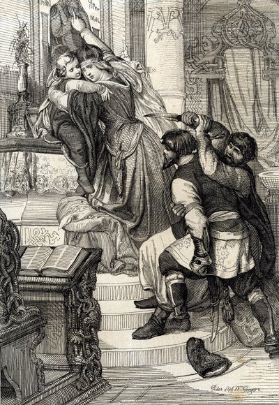 Moskevské povstání z roku 1682 (zrušení streltsy z roku 1682): Carina Natalia Narychkina chránící svého syna prince Petra (1672-1725) před útoky streltsy (strelets), Rusko (Moskevské povstání z roku 1682 nebo streltsy povstání: Tsarina Natal od Peter Johann Nepomuck Geiger