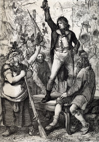 Vypuknutí francouzské revoluce v roce 1789: shromážděné obyvatelstvo je vyzváno, aby si vybralo barvu kokardy a chopilo se zbraně (historické) Anton Ziegler od Peter Johann Nepomuck Geiger