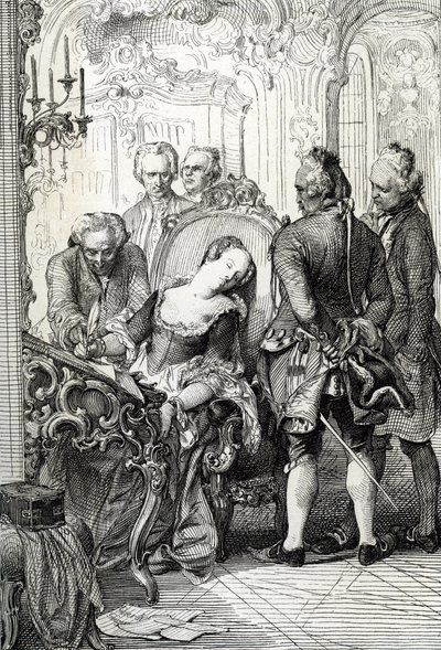 Královna Caroline Mathilde (Caroline-Mathinde) z Dánska (1751-1775) byla nucena podepsat rozvodové dokumenty po jejím mimomanželském dobrodružství v roce 1772 (královna Dánska Caroline Matilda v dubnu 1772 podepsala rozvodové papíry v dubnu 1772) od Peter Johann Nepomuck Geiger
