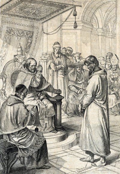 Queril of investitutures, penitence of Canossa: V Canossa císař Jindřich IV ze Svaté říše římské (1050-1106) v kajícném oděvu prosí o odpuštění papeže Gregoire VII (Hildebrand: 1015/20-1085), který v lednu 1077 učinil čestnou nápravu “ (Val od Peter Johann Nepomuck Geiger
