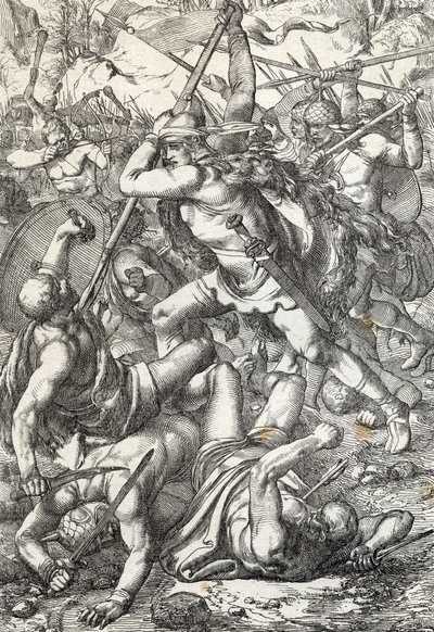 Reprezentace Pelage dobyvatele (Pelagius nebo Pelayo) (zemřel 737) král Asturias vítězný nad Saracény, 719 Covadonga, Španělsko od Peter Johann Nepomuck Geiger
