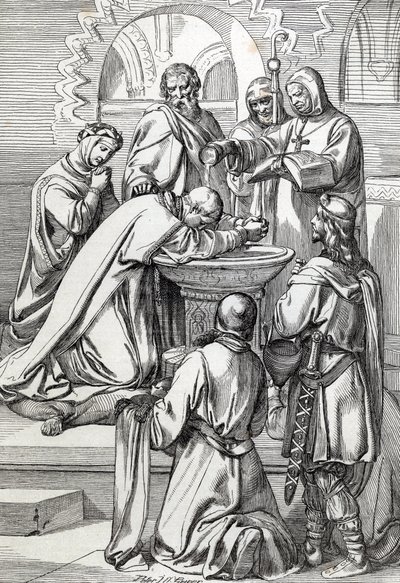 Zastoupení svatého Augustina z Canterbury (zemřel 604), vyslaného do Anglie papežem Gregoirem Velikým v roce 596, aby obrátil Anglosasy - Je zde před Ethelbertem, anglosaským králem Kentu (552? -616), kterého pokřtil v r. 597 (Augustine, první biskup o od Peter Johann Nepomuck Geiger