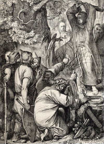 Reprezentace svatého Bonifáce z Mohuče (680-754), který kácí Thorův dub, aby přesvědčil druidy, že to není posvátný strom (Svatý Bonifác (Bonifacius) ničící Thorův dub (Donarův nebo Jovův dub) posvátný strom germánských pohanů, převést na od Peter Johann Nepomuck Geiger