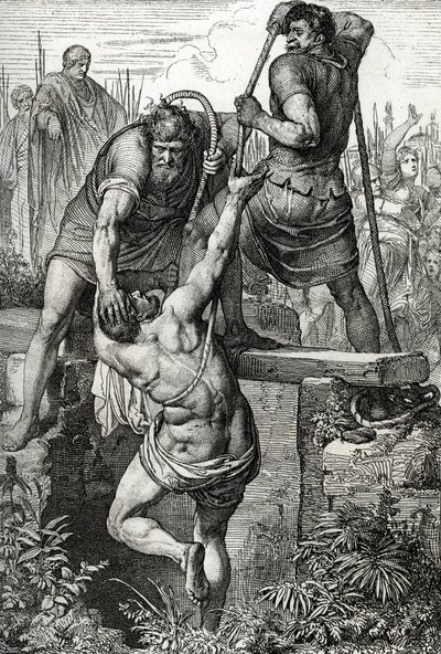 Byzantský císař Zenon (425-491) se vrátil do Konstantinopole, nechal uzurpátora Flavia Basiliska (Baziliška) zavřít se svou rodinou, 477 (zemřel Basiliscus uzavřený v suché cisterně, aby zemřel na následky vystavení, římským císařem Zeno, 477) Kresba pero  od Peter Johann Nepomuck Geiger