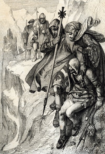 Král Římanů Jindřich IV. kolem průsmyku Mount Cenis, aby překročil Alpy a jel k hraběnce Mathilde z Toskánska do Canossa, kde papež Gregoire VII., leden 1077“ (Henry IV přešel přes Alpy průsmykem Mont Cenis, aby se dostal k hradu Canossa a od Peter Johann Nepomuck Geiger