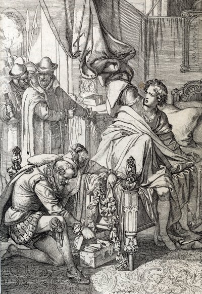 Zatčení Karla Rakouského (1545-1568) (Don Carlos), syna Filipa II. Španělského v roce 1568 muži jeho otce (Carlos, princ z Asturie, nejstarší syn a dědic španělského krále Filipa II., uvězněný jeho otec počátkem 1568) Kreslení perem d od Peter Johann Nepomuck Geiger