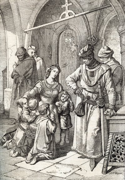 Atentát na vznešenou dámu Ines de Castro (1320-1355), druhou manželku Petra I. (Pedro I) Portugalského v klášteře Santa Clara de Coimbra, Portugalsko 1355 (manželka portugalského krále Petra I. Ines Castro v klášteře Santa Clara v Co od Peter Johann Nepomuck Geiger