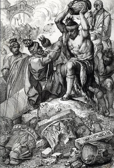 Pytel Říma (Itálie), v roce 410, odvezen z města a vydrancován Vizigóty vedenými Alarichem (370-410) (Vyplenění Říma Vizigóty vedenými Alarichem I. v roce 410, za vlády císaře Honoria) Kresba pero nakreslené z „Historische Memorabilian des In- od Peter Johann Nepomuck Geiger