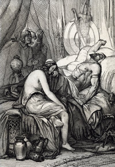 Smrt krále Hunů Attily (395–453) během spánku o svatební noci s germaine Ildico, 453 (Smrt Attily, vládce Hunů o svatební noci, její nevěsta Ildico pláče nad jeho tělem, 453 ) Kresba peříčka čerpaná z „Historis od Peter Johann Nepomuck Geiger