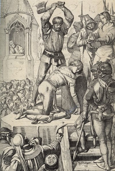 Poprava Konradina (neboli Konráda z Hohenstaufenu), sicilského krále a vévody švábského (1252-1268) na příkaz Karla z Anjou po bitvě u Tagliacozzo v roce 1268 (poprava Konradina (nebo Konráda mladšího), posledního štauferského krále Sicílie, následování od Peter Johann Nepomuck Geiger