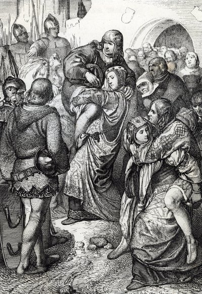Věrné ženy z Weinsbergu (Treue Weiber von Weinsberg): manželky vojáků poražených při obléhání Weinsbergu Konrádem III. z Hohenstaufenu v roce 1140 nesou své manžely na zádech, Německo (Věrné manželky během obléhání Weinsbergu od Peter Johann Nepomuck Geiger
