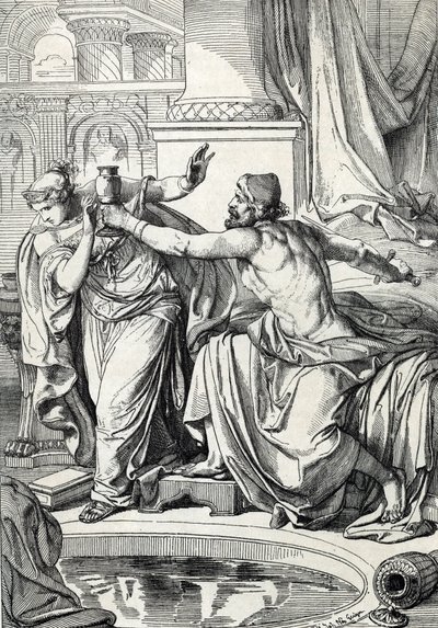 Gepid princezna Rosemonde (zemřela 572) a její milenec vrah jejího manžela krále Alboina se otrávili stejným pohárem jedu, 572 (Gepid princezna Rosamund (nebo Rosamunde) a její milenec se zabili stejným pohárem jedu, 572) Kresba A od Peter Johann Nepomuck Geiger