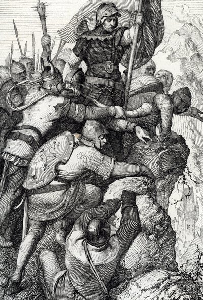 Vojska Othona I. z Baviere (1117-1183) u Verony v Itálii 1155 (Otto I., vévoda bavorský a jeho armáda u Verony, Itálie 1155) Kresba peří z „Historische Memorabilian des In-und Auslandes““ (Historické suvenýry) od Antona Zieglera od Peter Johann Nepomuck Geiger