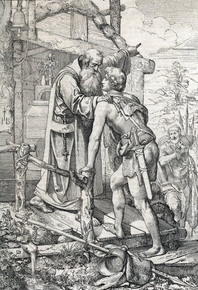 Mladý Odoacre (asi 433-493) přijímající požehnání Severina, Apotre de Norique, ca. 470 (Odoacer se setkává s mnichem Severinem z Noricum, který ho dozví, že se jednoho dne stane slavným, 470 ca) Kreslení pera nakresleného z „“ Historische Memorabilian des od Peter Johann Nepomuck Geiger