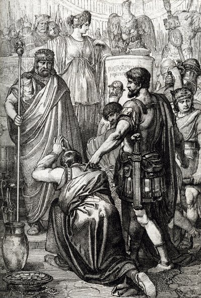 Vandalská válka: „“Vzdání krále vandalů Gelimer klečí před byzantským generálem Belisairem (500-565) v březnu 534, Kartágo, Afrika“ (Vandalová válka: vandalský král Gelimer se vzdává generálu Belisariovi, 534, Afrika) Kresba nakreslené pero od Peter Johann Nepomuck Geiger