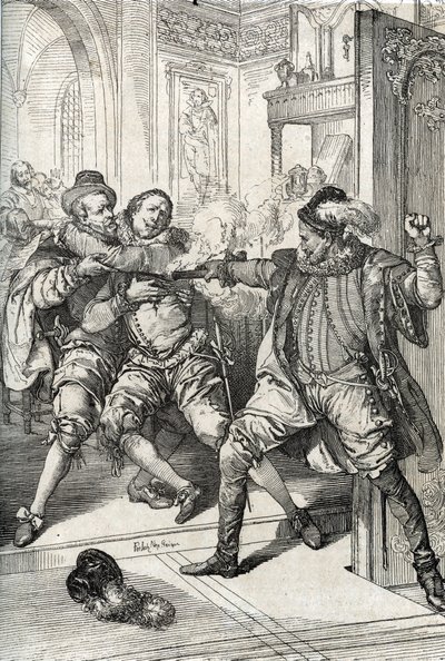 Válka čtyř dvaceti let (1568-1648): „“ Zavraždění Viléma Oranžského zvaného Viléma Mlčenlivý (1533-1584) dne 10.07.1584 Balthazarem Gerardem během osmdesátileté války (nebo 80 let) ( Gueuxská vzpoura nebo holandská revolta)“ (Atentát na Williho od Peter Johann Nepomuck Geiger