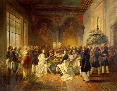 Oběd zajišťuje ve Smyrně Halim Pasha, ilustrace z Cesty Maxmiliána Habsburského a jeho bratra Karla Ludvíka po Středomoří, Peter Johann Nepomuk Geiger od Peter Johann Nepomuk Geiger