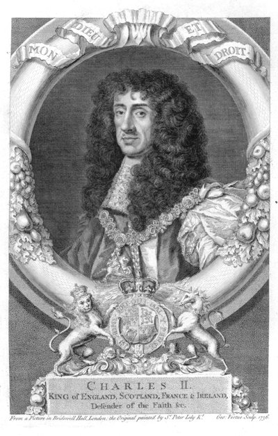 Karel II. (1630-85) král Velké Británie a Irska z roku 1660, vyryl George Vertue (1684-1756) 1736 od Peter Lely
