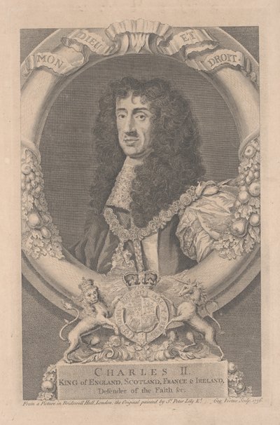 Karel II., král Anglie, Skotska, Francie a Irska, vyryl George Vertue (1684-1756) od Peter Lely
