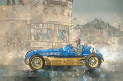 Modré a žluté Maserati of Bira (olej na plátně) od Peter Miller
