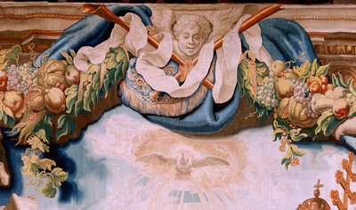 Vlámský gobelín. Seriál Triumf eucharistie. Obránci eucharistie (os defensores de la Eucaristia). Desátá tapisérie v sérii. Model Peter Paul Rubens. 1626-1628. Výroba Jan II Raes, Hans Vervoert, Jacques Fobert, Brusel od Peter Paul (after) Rubens
