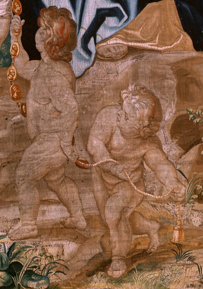 Vlámský gobelín. Seriál Triumf eucharistie. Posloupnost papežů (La sucesión de los papas). Osmnáctá tapisérie v sérii. Model Peter Paul Rubens. 1626-1628. Výroba Jan II Raes, Hans Vervoert, Brusel od Peter Paul (after) Rubens