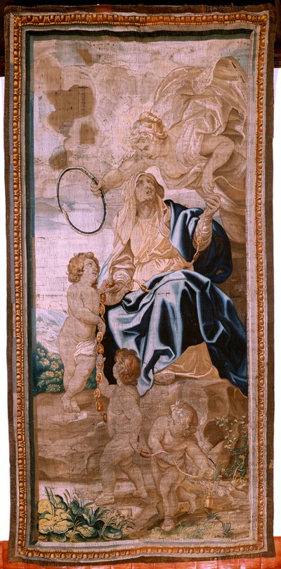 Vlámský gobelín. Seriál Triumf eucharistie. Posloupnost papežů (La sucesión de los papas). Osmnáctá tapisérie v sérii. Model Peter Paul Rubens. 1626-1628. Výroba Jan II Raes, Hans Vervoert, Brusel od Peter Paul (after) Rubens