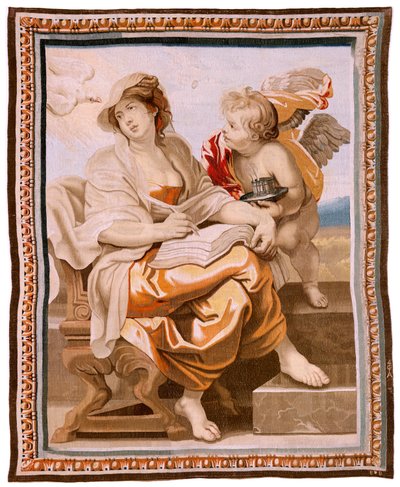 Vlámský gobelín. Seriál Triumf eucharistie. Moudrost je inspirována Duchem svatým (La Sabiduría inspirada por el Espíritu Santo). Devatenáctá tapisérie v sérii. Model Peter Paul Rubens. 1626-1628. Výroba Jacob II Geubels, Brusel od Peter Paul (after) Rubens