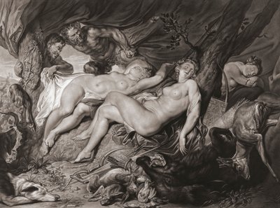 Nukkuva Diana ja hänen nymfinsä vakoilivat satyyrit. (Tulosta) od Peter Paul (after) Rubens