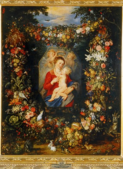 Panna Maria s dítětem s věncem z květin a ovoce... od Peter Paul & Brueghel Jan (1601 78) Rubens