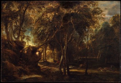 Les za úsvitu s lovem na jelena, kolem roku 1635 od Peter Paul Rubens