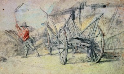 Muž mlácení s farmářským vozíkem v popředí od Peter Paul Rubens