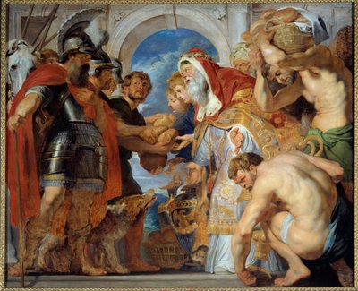 Abraham a Melchisedech. Po návratu z vítězného tažení se Abraham setkal s Melchisedechem (Melchisedech nebo Melchisedech nebo Melkisedeq nebo Melki-Tsedeq nebo Melki Tsedeq), králem Salemu, který mu přinesl chléb a víno. Byl knězem a vyslovil toto požehnán od Peter Paul Rubens