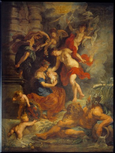 Cyklus Marie de Medicis (1573-1642): „“ Narození Marie de Medicis ve Florencii dne 26. 4. 1573““. Zastoupení Johanky Rakouské (1547-1578) se svou dcerou. Obraz Pierre Paul (Pierre-Paul) Rubens (nebo Peter Paul nebo Petrus Paulus) (1577-1640) od Peter Paul Rubens