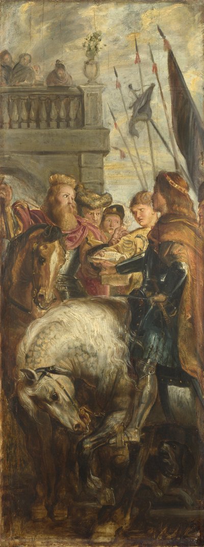 Králové Clothar a Dagobert se hádají s Heraldem z císaře Mauricia. Skica pro hlavní oltář, St Bavo, Gent, 1611 od Peter Paul Rubens