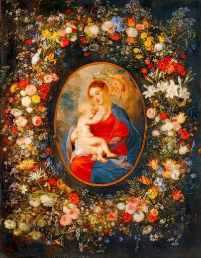 Panna, Ježíšek a andělé uprostřed věnce z květin od Peter Paul Rubens