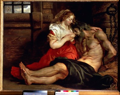římská charita. Žena ve vězení kojí muže a pokračuje. Cimon odsouzený k hladovění ve vězení se živí prsy své dcery Pero. Obraz Peter Paul (Pierre-Paul) Rubens (nebo Peter Paul nebo Petrus Paulus) (1577-1640). od Peter Paul Rubens