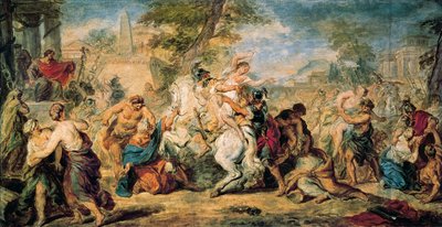 ""Znásilnění Sabinů"" Aby nahradili nedostatek žen, Romulus a Římané unesli ty ze svých sousedů, Sabines, kteří se je pokusili vzít zpět násilím. Bitvě se vyhneme díky Sabinům, kteří zasahují mezi válečníky, na od Peter Paul Rubens