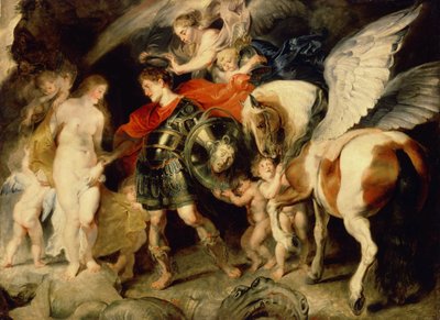 "Perseus a Andromeda" (Perseus a Andromeda) Andromedu připoutanou ke skále doručuje Persee doprovázený Pagasem. Na štítě má hlavu Medúzy, kterou zabil. Obraz Pierre Paul (Pierre-Paul) Rubens (nebo Peter Paul nebo Petrus Paulus) (1 od Peter Paul Rubens