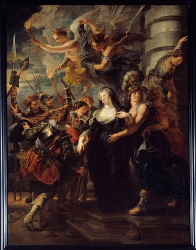 Královna Marie de Medicis (1573-1642) uprchla z Chateau de Blois v noci z 21. na 22. února 1619 Francouzská královna v exilu v Blois během „války matky a syna“ uprchla do Angouleme. Andělé s pochodněmi vedou královnu na správnou cestu. Bolest od Peter Paul Rubens