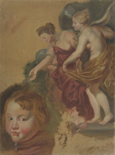 Studijní list se šťastnou vládou Marie dei Medici, chlapeckou hlavou a dvěma mužskými hlavami. od Peter Paul Rubens