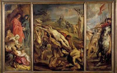 Vztyčení Triptych Cross od Pierra Paula (Pierre-Paul) Rubense (nebo Peter Paul nebo Petrus Paulus) (1577-1640) 17. století Sun. 0,68x1,07 m Paříž, Musee du Louvre od Peter Paul Rubens