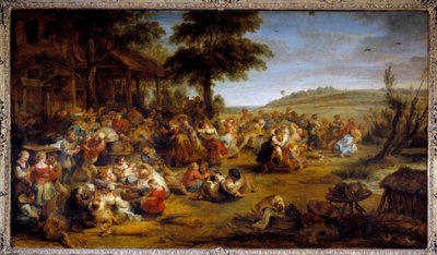 Jarmark nebo svatba na vesnici. Tabulka představující venkovskou párty. Obraz Pierre Paul (Pierre-Paul) Rubens (nebo Peter Paul nebo Petrus Paulus) (1577-1640), vlámská škola, cca 1635-1638. Olej na dřevě. Rozměr: 1,49 x 2,61 m. Musee Du Louvre - Vesnice od Peter Paul Rubens